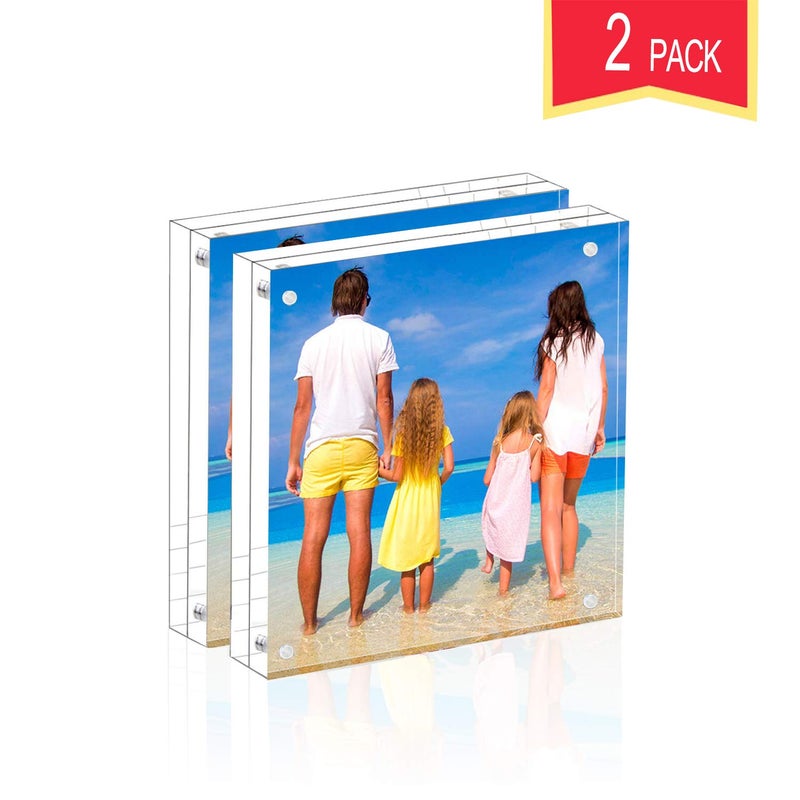 Meetu Acrylic 5x5 Picture Frame 2 Pack Clear Two Sided Desk Photo Frame Magnetic Frame Inner Size 4x4 with Gift Pack for Display Family Pictures Baby Photos Friends Pictures Pet Dog Picture - Image 3